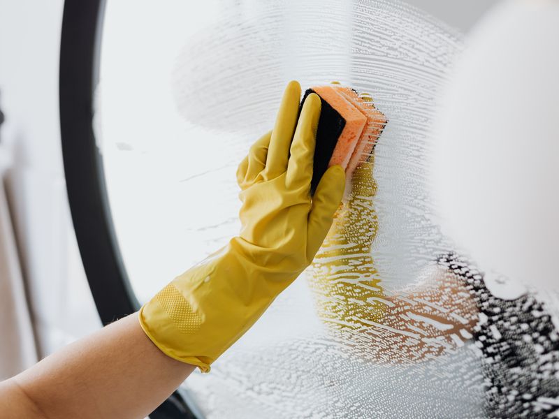 Gloved hand scrubbing a bathroom mirror to a streak-free shine during a deep clean