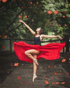 Elegant ballet dancer performs in a vibrant red dress amidst autumn leaves outdoors.