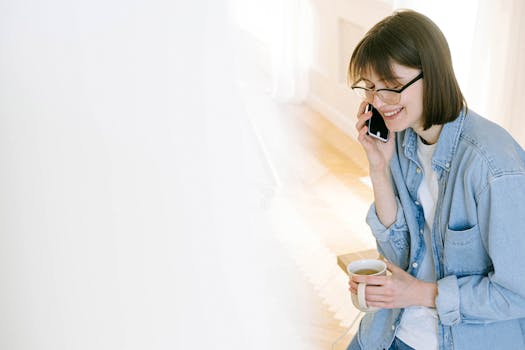 Smiling woman talking on phone with coffee in bright indoor setting.
