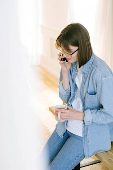 Casual young woman in denim talking on phone while enjoying a coffee indoors.