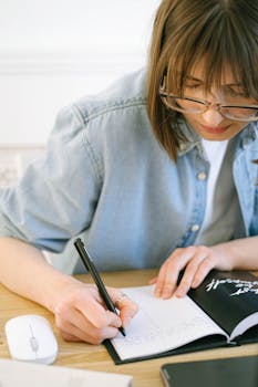Focused woman in glasses taking notes at her home office desk, emphasizing planning and organization.