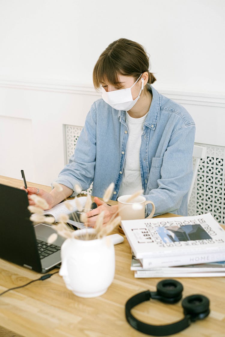 Woman In Face Mask Working At Home