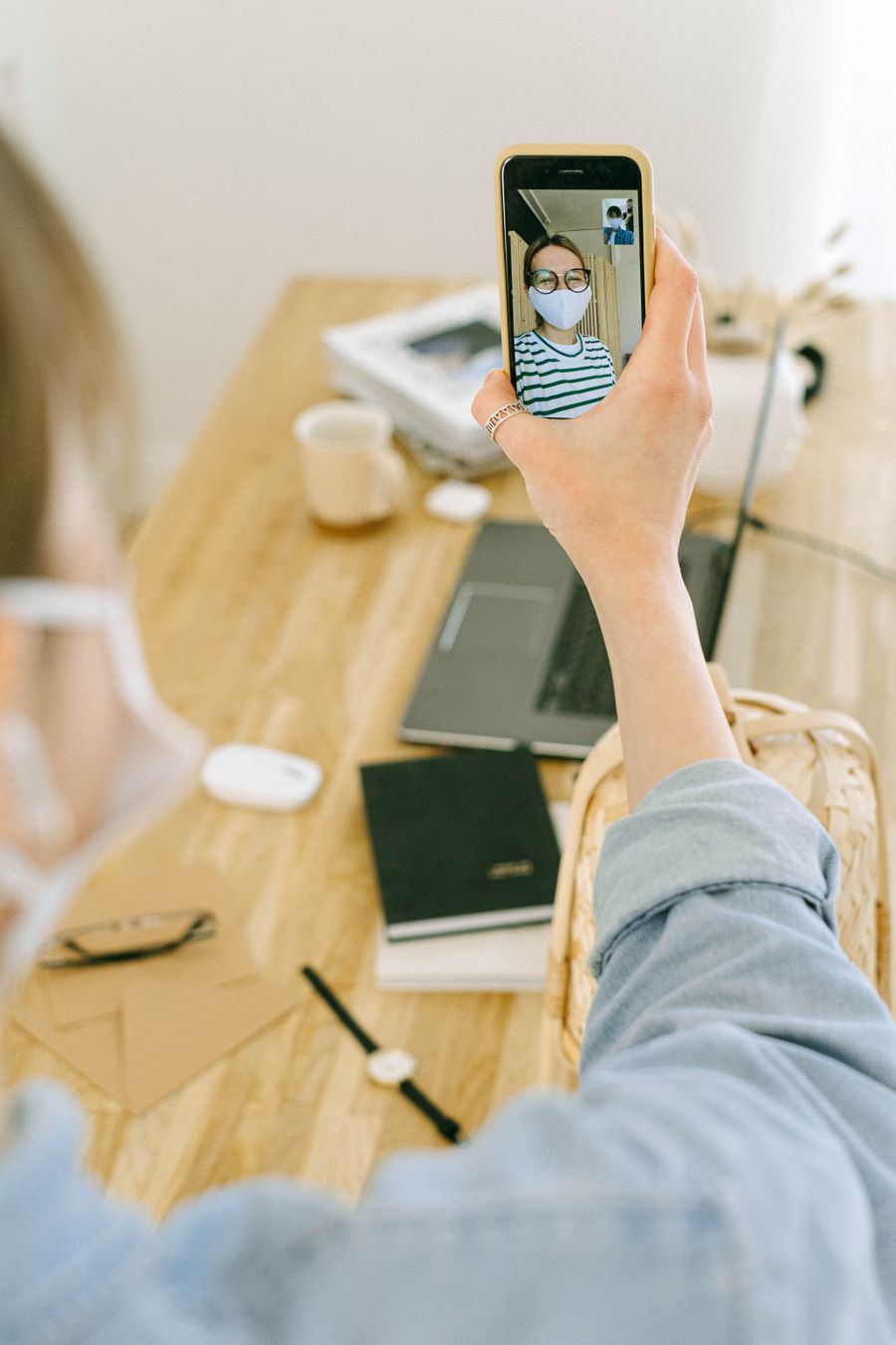 A person working from a home office on a video call