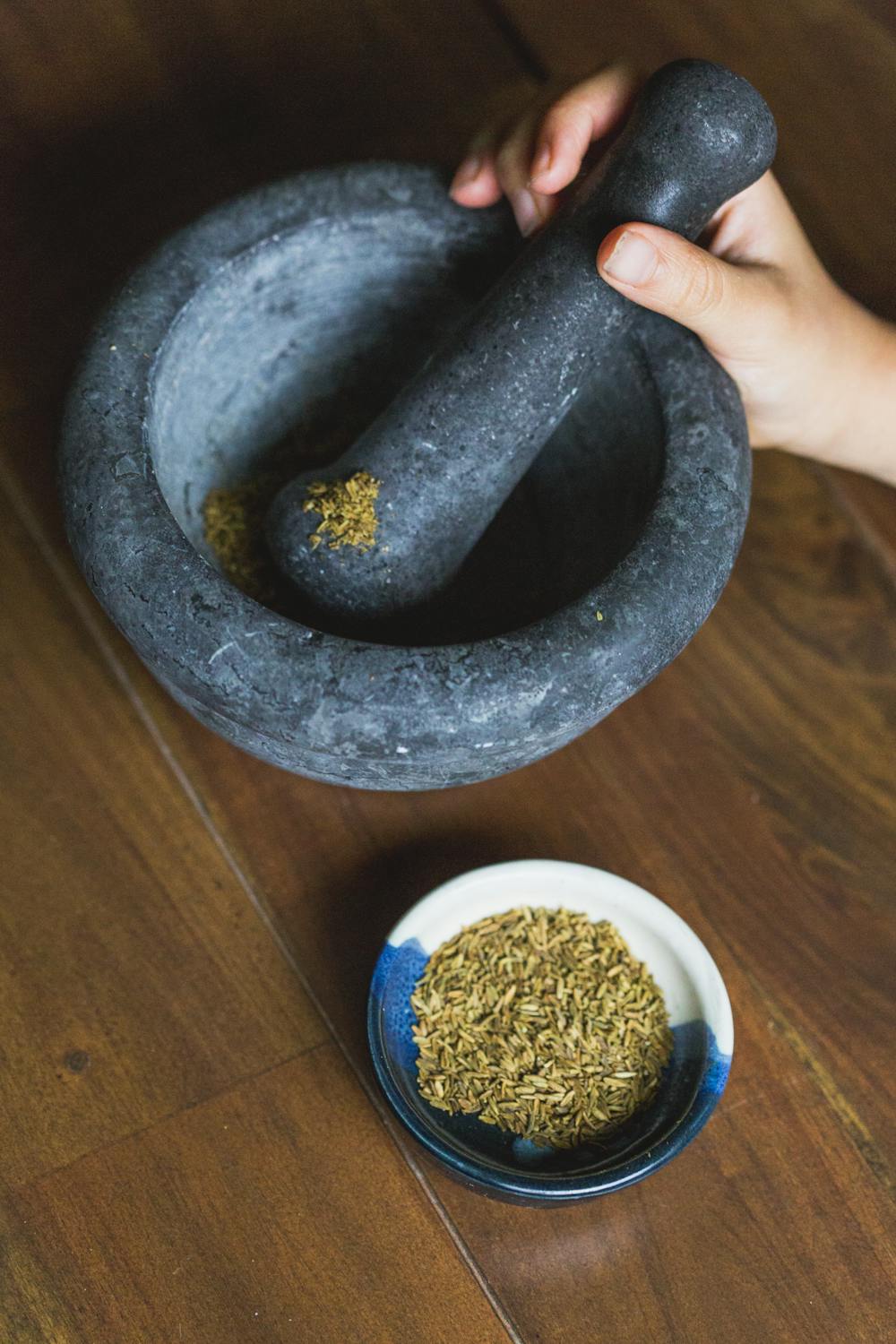 Ayurveda herbs with mortar and pestle