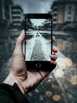 Anonymous person taking photo of road with zebra crossing in daylight on blurred background