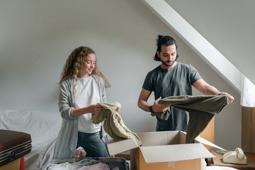 Excited couple unpacks boxes in their new home, enjoying the moving process.