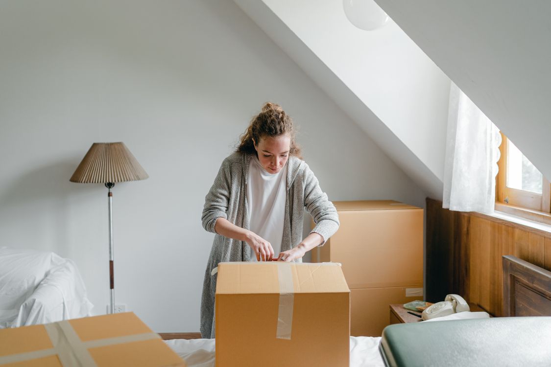 Calm woman unpacking big box in light living room · Free Stock Photo