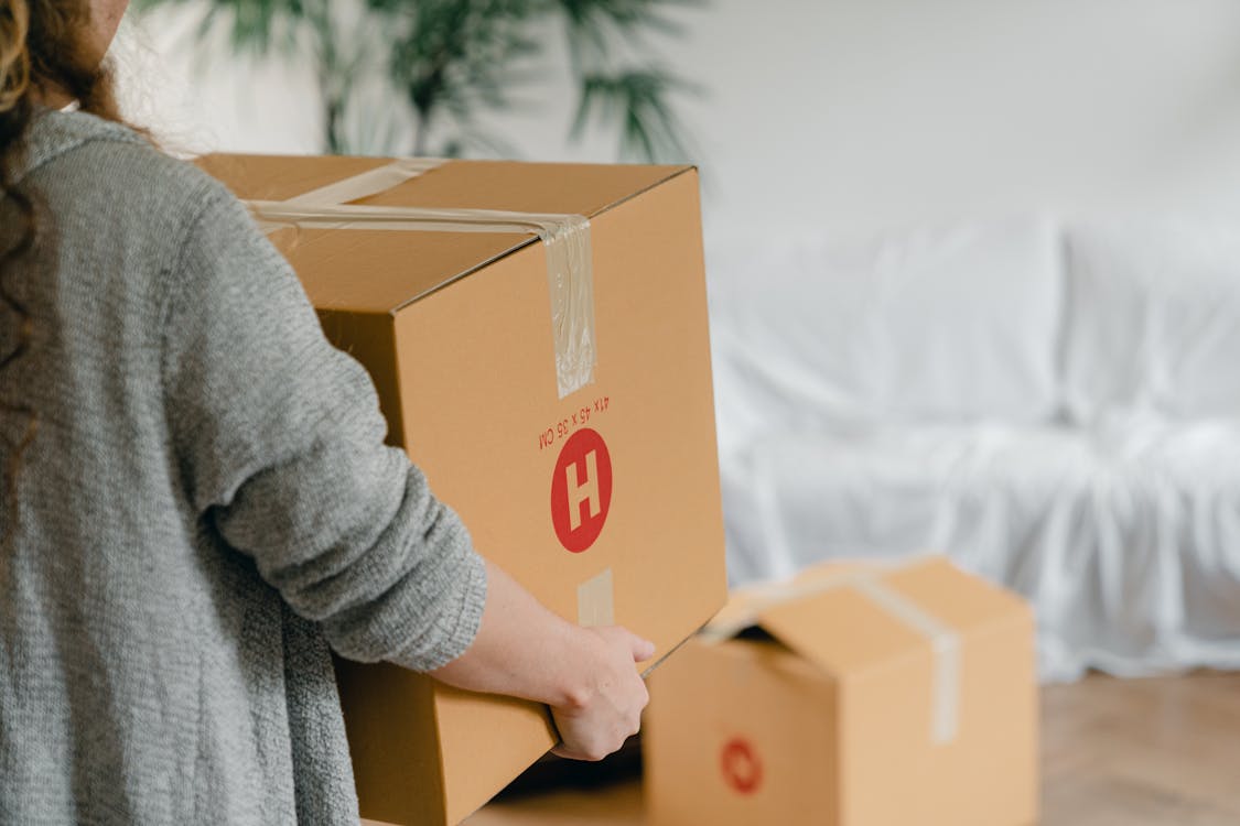 Free Crop anonymous woman holding big box near sofa in apartment Stock Photo