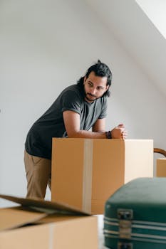 Pensive bearded male in casual clothes leaning on large carton box while moving to new house and looking away
