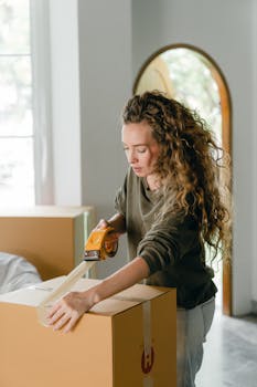 Young woman with curly hair taping a cardboard box indoors, preparing for a move.
