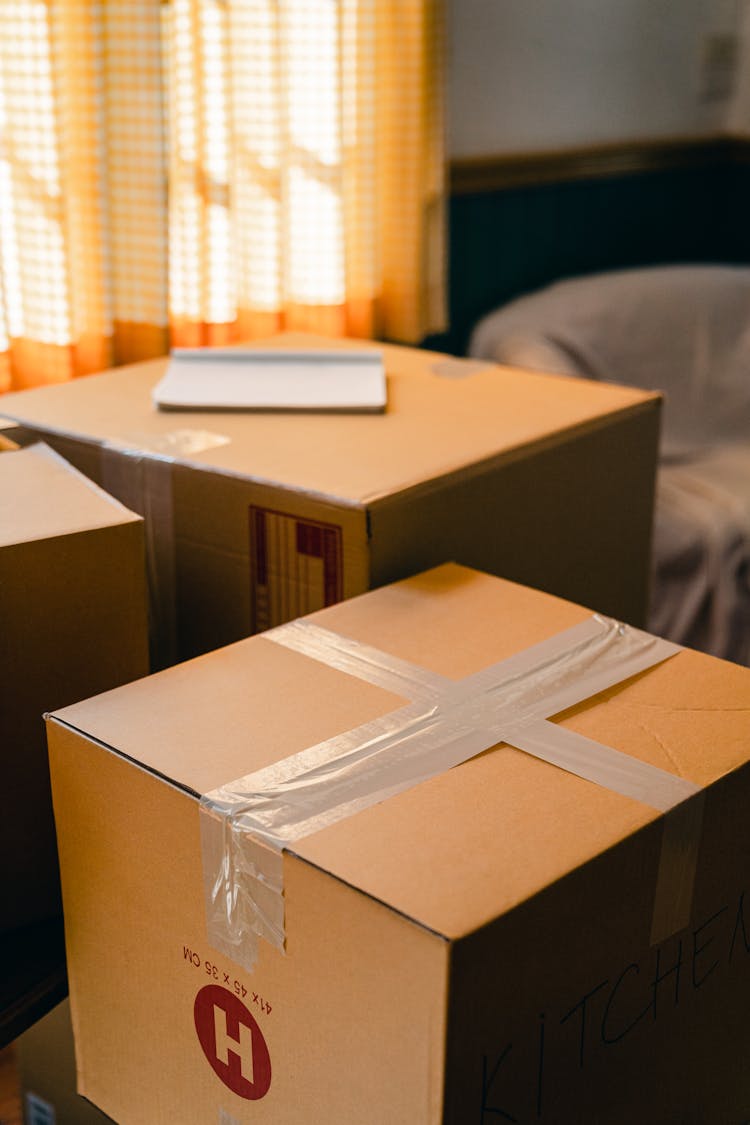 Carton Boxes In Living Room Near Blinded Widow