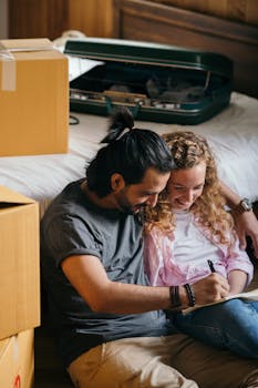 A cheerful couple sits among moving boxes, planning their future in their cozy new apartment.