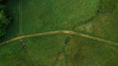 Drone view of narrow path going through green field in countryside in summer day