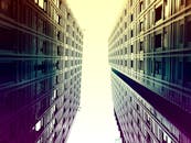 镜头以对称的低角度拍摄了两座高耸的未来派建筑