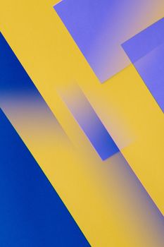 Dynamic abstract art with geometric shapes in blue and yellow tones, featuring gradient overlays.