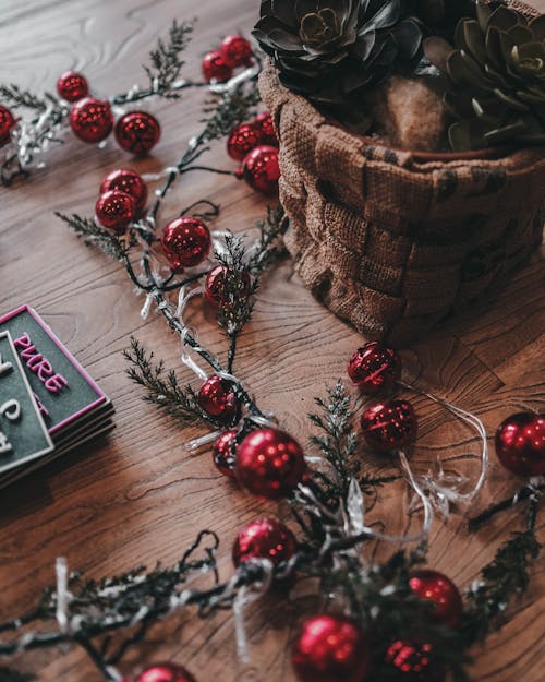 Christmas Balls on a Wooden Table 