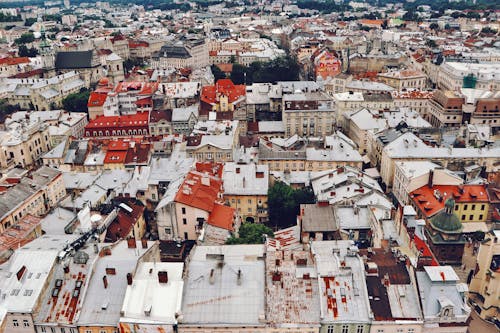 From above architecture and roofs of Lviv old town with typical colorful buildings and ancient churches