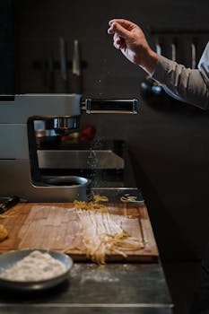 Chef making fresh pasta in a modern kitchen, dusting flour on pasta sheets.