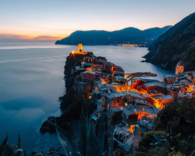 Picturesque Small Coastal Town During Sundown