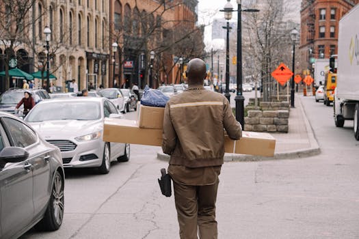 Courier carrying packages on a busy city street intersection, surrounded by traffic.