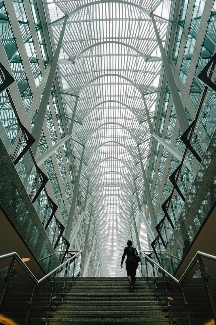 Person Under Parabolic Dome Of Modern Atrium