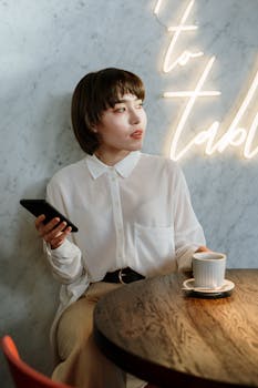 Stylish young woman sitting in a café by neon lights, holding a phone and coffee.