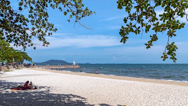 Beautiful sandy beach in Krong Kaeb, Cambodia, with people enjoying a sunny day.