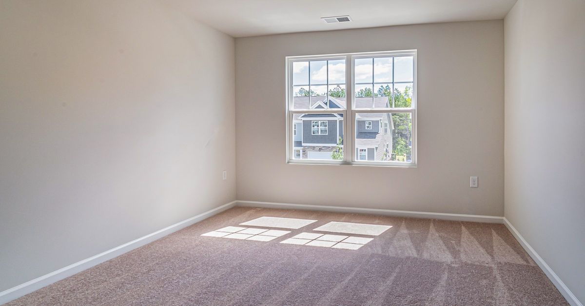 Sunlit empty room with carpet flooring, featuring a large window providing natural light.