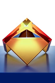 Vibrant glass pyramid with colorful reflections on a blue surface. Modern geometric art.