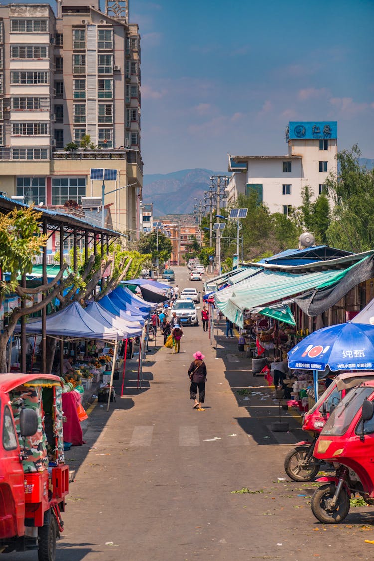 Narrow Street With Commerce Stalls In Exotic Country