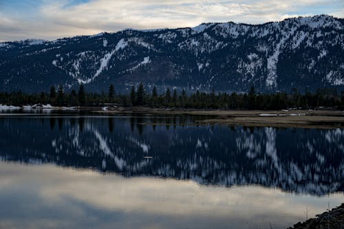A Beautiful Lake Near a Snow-Covered Mountain