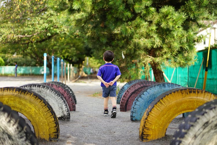 Back View Of A Boy Walking Alone