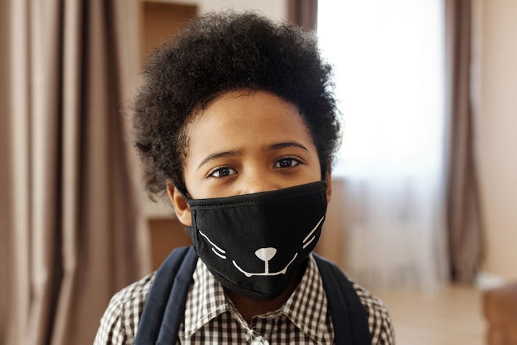 Little Boy Wearing A Face Mask With A Design