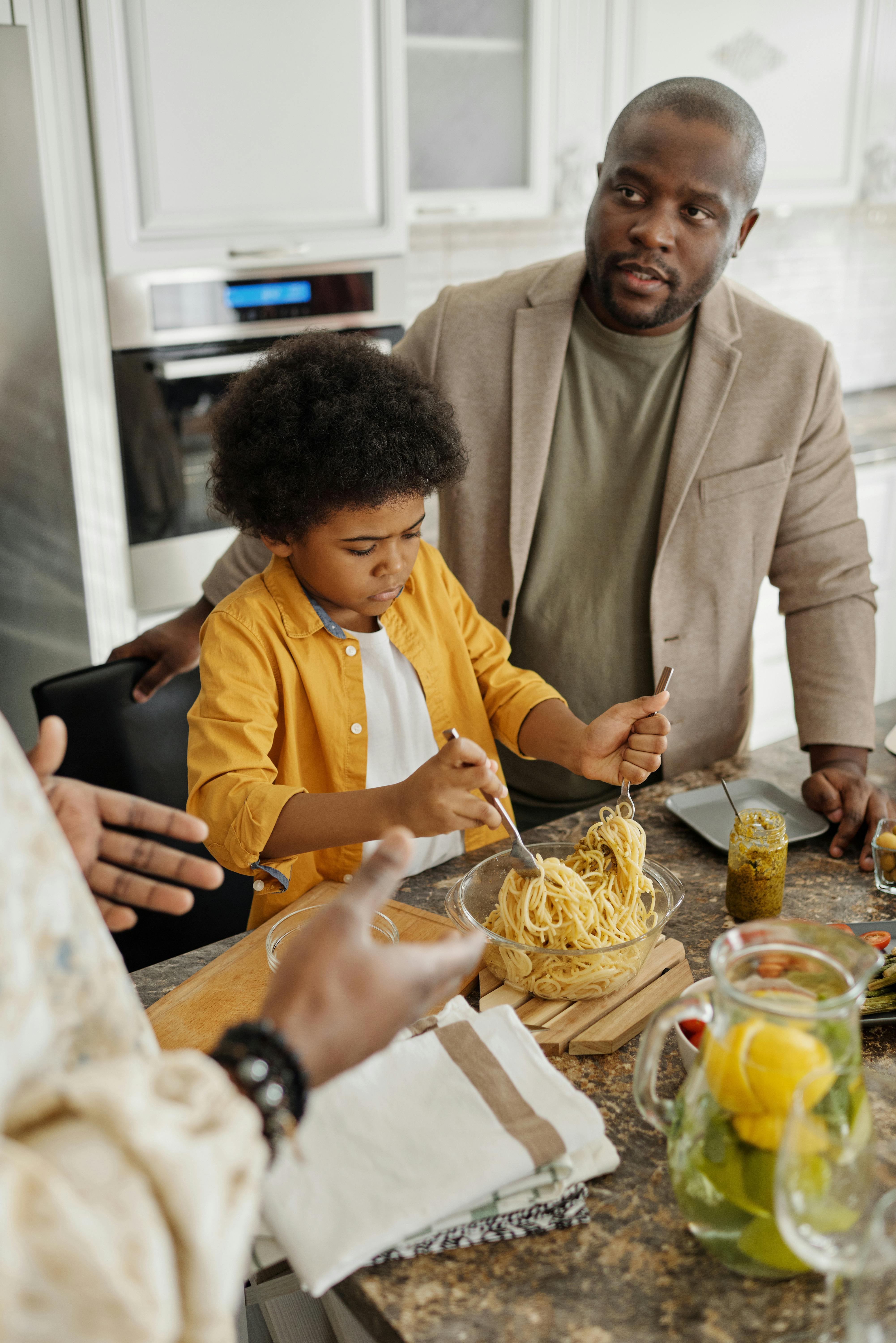 father and son on the kitchen