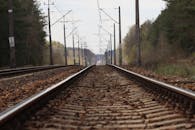 Railway surrounded by forest and wires