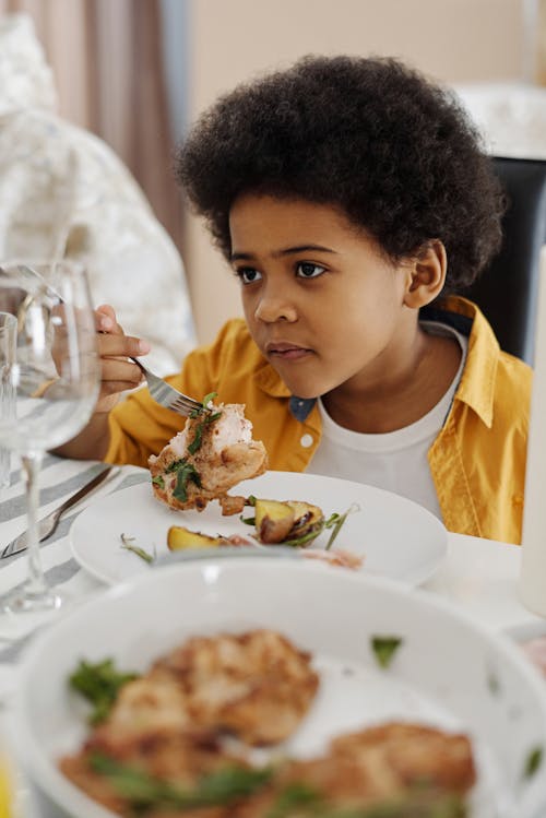 Free Boy Sitting at a Table with Food on his Plate Stock Photo