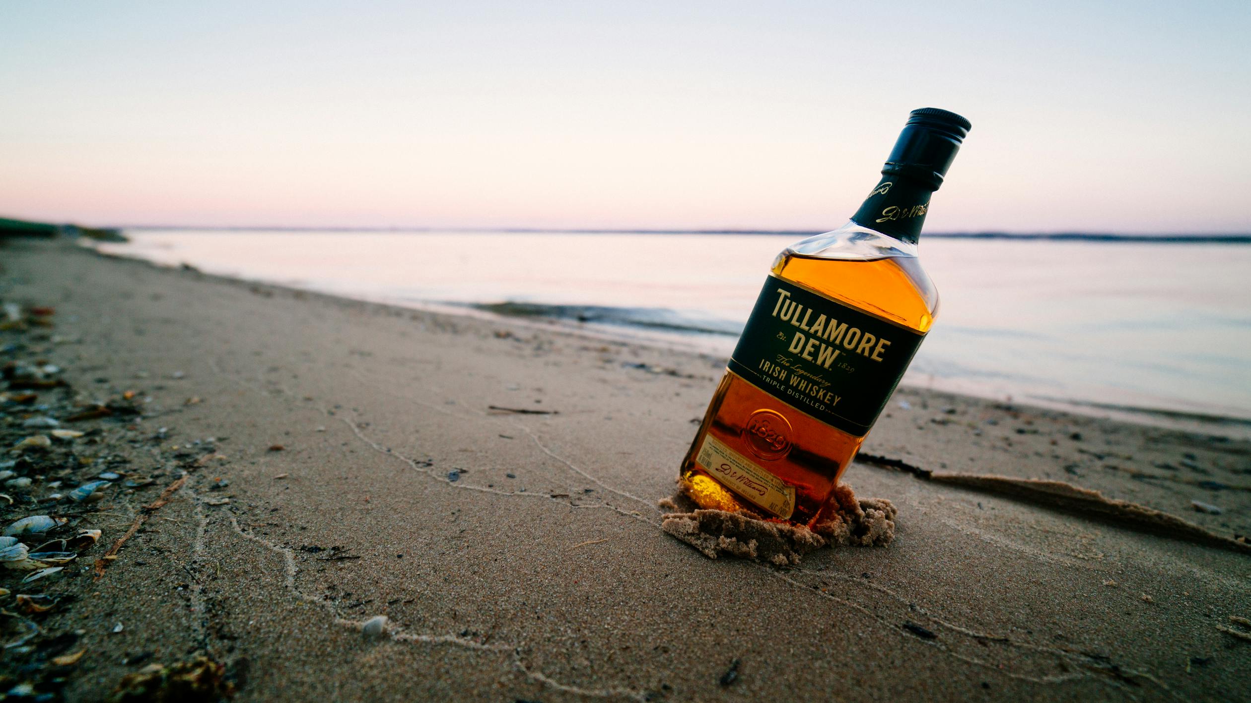Bottle of whiskey on sandy beach near sea under sky · Free Stock Photo