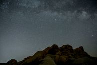 加州的沙漠岩石地层上方，夜空布满了星星，令人惊叹