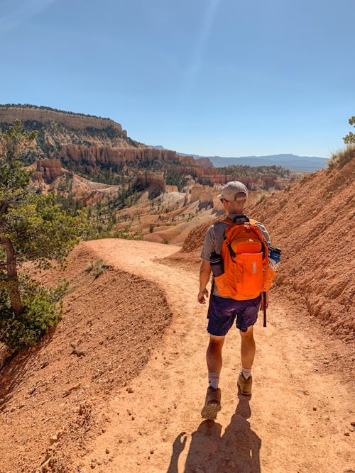 Man in Blue Jacket and Brown Shorts With Blue Backpack Walking on Brown Dirt Road during