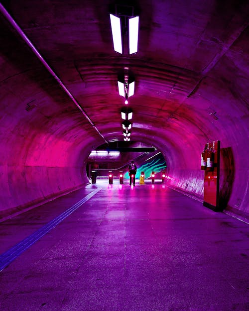 Free Empty long tunnel with pink lamps located inside contemporary metro of modern city Stock Photo