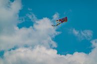 From below scenery of multicolored bright kite soaring in peaceful blue sky