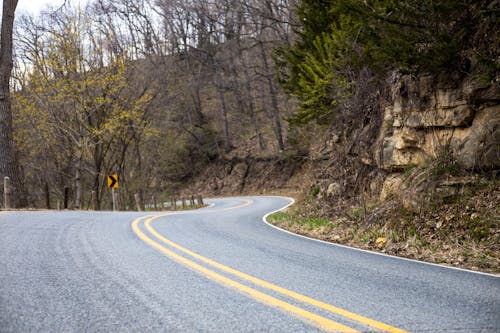Scenery view of wavy asphalt road with bright marking lines near shabby mountains with trees