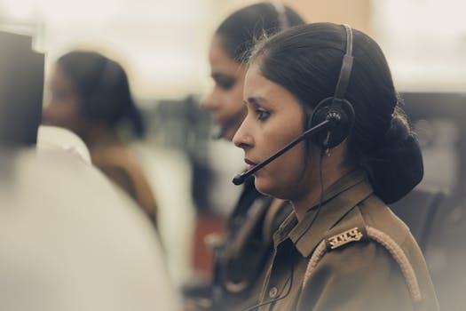 A focused Indian woman police dispatcher operating a headset in an office setting.