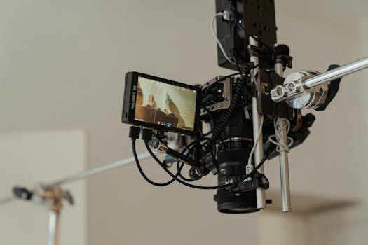Close-up of a professional digital camera setup with monitors and cables in a photography studio.
