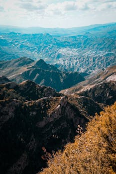 Stunning aerial photograph showcasing a vast mountain range under a clear sky.
