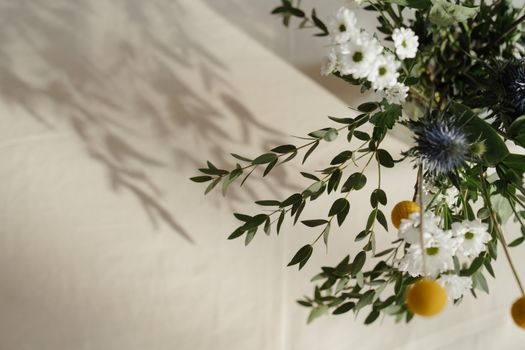 这束美丽的花以白雏菊、蓝蓟、桉树叶和凤尾鱼为特色