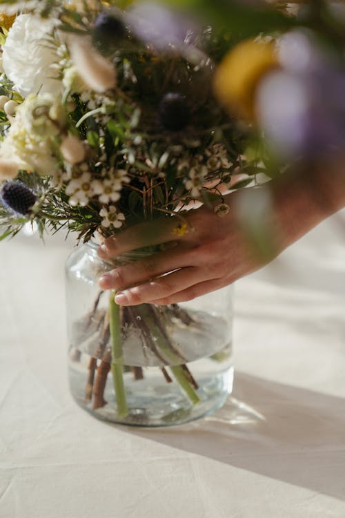 White and Yellow Flowers in Clear Glass Vase