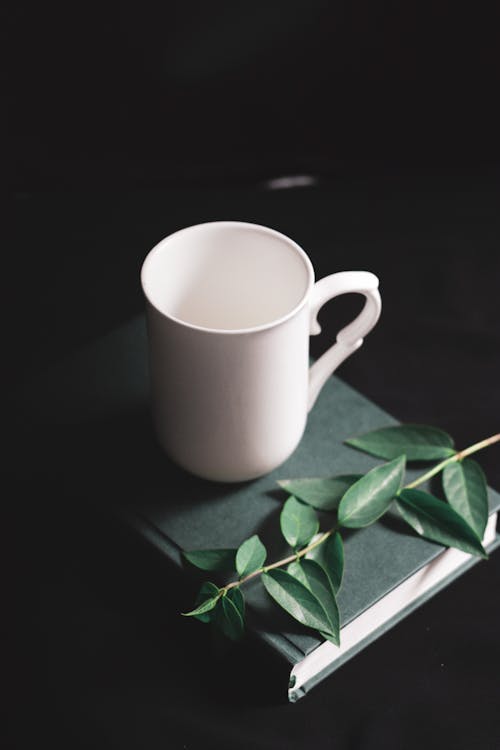 White mug composed with book and green leaves placed on black table