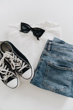 Flat lay of jeans, sneakers, and sunglasses for a modern casual style.