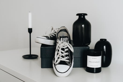 Black Converse sneakers styled with candles and vases in a minimalist setting.